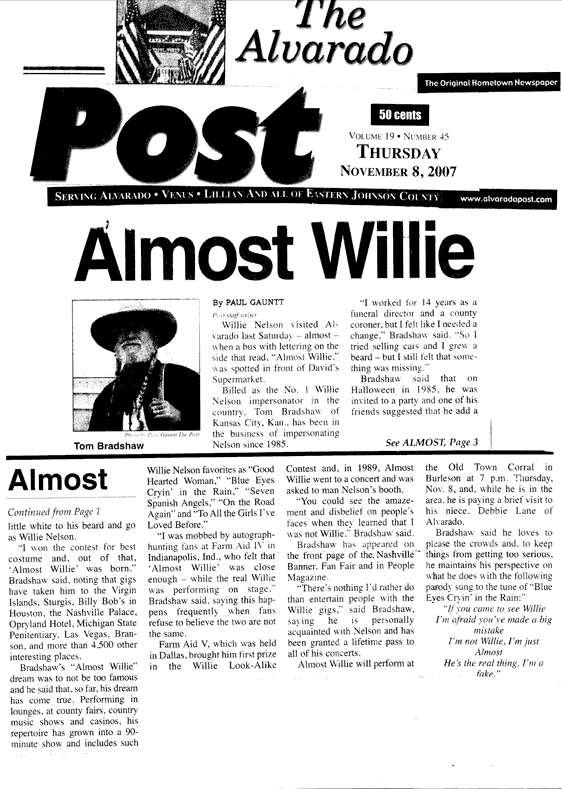 article about almost willie in alvarado times newspaper